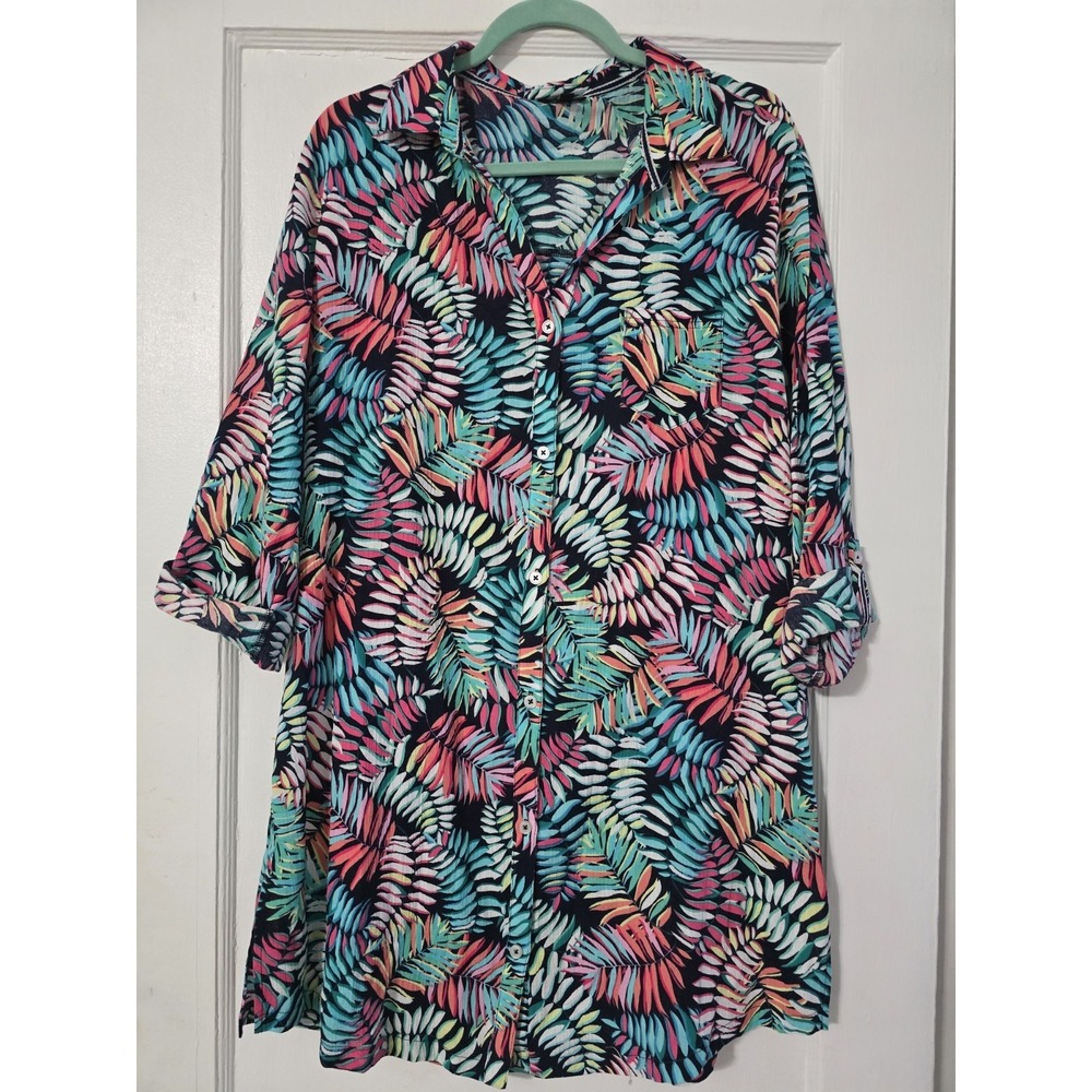 Talbots Talbots Leaf‎ 3/4 Roll Tab Sleeve Collar Cotton Pocket Button Dress Med